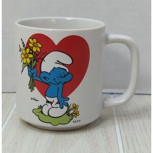 Peyo Smurfs vintage Wallace Berrie coffee cup mug heart flowers